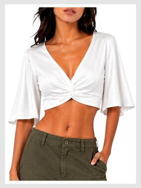 Showpo Satin Crop Top White Twist Front Flutter Sleeve 2 XS